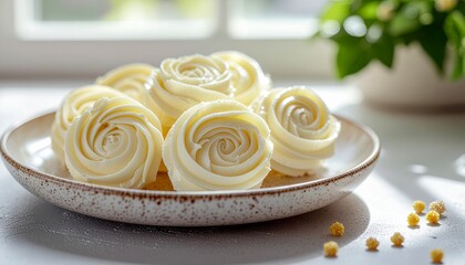 Elegant white rose-shaped desserts on a ceramic plate bathed in natural light by a window
