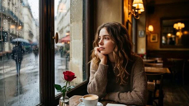 A thoughtful young woman sits in a cozy caf&eacute; by a rainy window, a single red rose on the table, creating a calm, romantic urban mood.