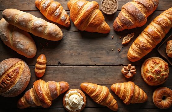Freshly baked croissants baguettes and breads arranged on rustic wood table. Assortment of viennoiserie pastries and baked goods with golden brown crusts. - Powered by Adobe