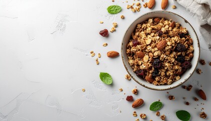 Healthy Granola Bowl Flat Lay: Oats, Almonds, Dried Fruits on Grey Textured Background