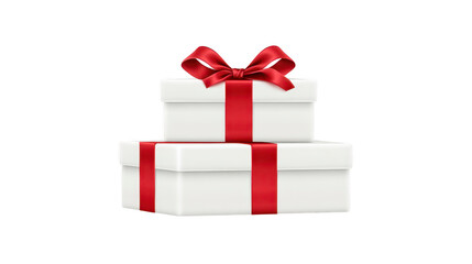 Obraz premium White gift boxes with red satin ribbon bows stacked together, symbolizing celebration, surprise, and joy, perfect for festive occasions, birthdays, or holiday events