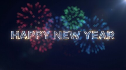 Happy New Year Crystal Typography with Colorful Fireworks Background