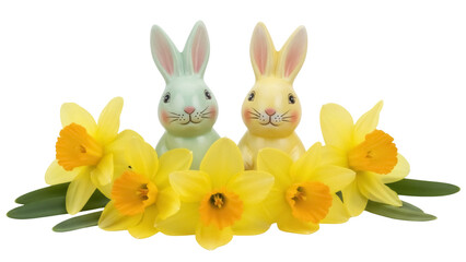 Isolated Easter Bunnies among Daffodils - a springtime holiday decoration arrangement