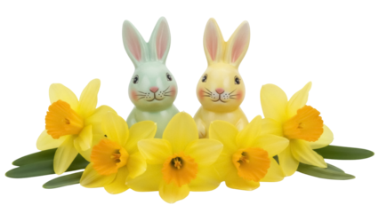 Isolated Easter Bunnies among Daffodils - a springtime holiday decoration arrangement