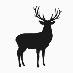 Black silhouette of a deer isolated on a white background. Stag with big horns. Vector illustration.
