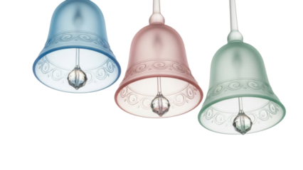 Isolated frosted glass bells pendants, colorful hanging lamp fixtures, clear crystal droplets
