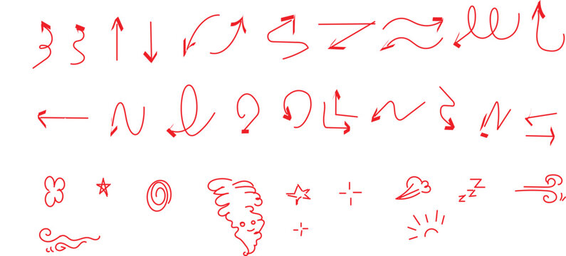  set of red, hand-drawn style arrows and simple icons, which are part of a dingbats font. vector illustration