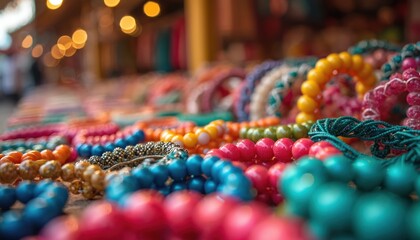 Close-up view shows many colorful beads, bracelets on market stall. Vibrant handmade jewelry, like intricate rope, beaded accessories, displayed for sale. Bright artisan creations make cheerful