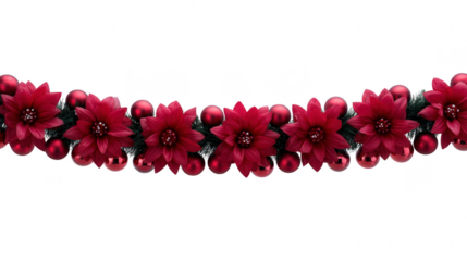 Red poinsettia flower garland with green leaves and red baubles, festive Christmas decoration, isolated on transparent background, perfect for holiday design and joyful seasonal atmosphere