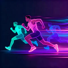 Obraz premium Neon Gradient Three Runners in Motion – Dynamic Running Athlete Vector With Speed Lines