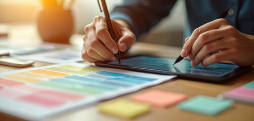 Creative person designs on digital tablet computer using stylus pen. Designer works on new graphic project at modern office desk. Color palette helps choose design scheme. Digital artist creates