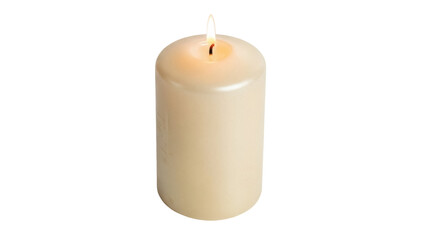 Isolated beige cylinder candle burning with a flame, providing illumination for ambiance