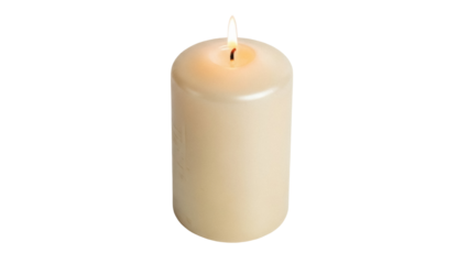 Isolated beige cylinder candle burning with a flame, providing illumination for ambiance