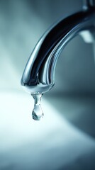 Close Up Of Chrome Faucet Dripping Water With Blue Toned Lighting And Soft Background