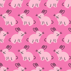 Pink Monochrome Rabbits Vector Seamless Pattern