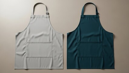 Two different colored aprons displayed side-by-side on a light brown background