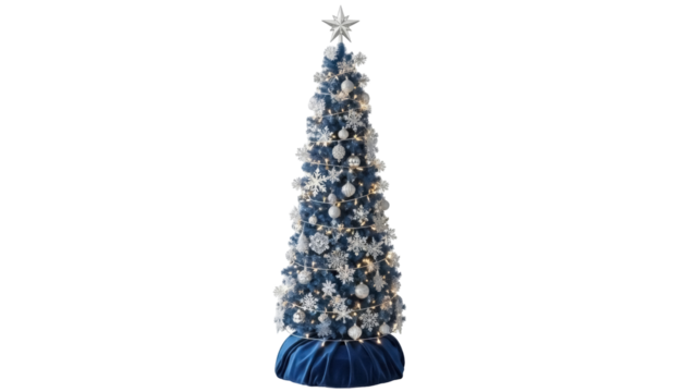 Isolated stylish silver and blue Christmas tree decorated with white lights and ornaments - Powered by Adobe