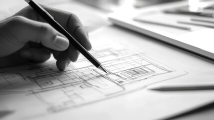 Architectural draftsmanship: Hand crafting blueprint with pencil precision