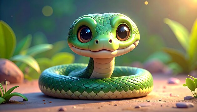 Cute, cartoonish green snake with big eyes coiled in a sunlit clearing