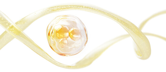 Gold liquid gel texture with oil bubble, wave and splash. Cosmetic skin care background. Fluid flow and yellow drop with molecule. Collagen serum, retinol vitamin, hyaluronic essence