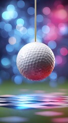 Close Up Of Golf Ball Hanging With Blue Pink Bokeh Lights Reflected On Wet Ground