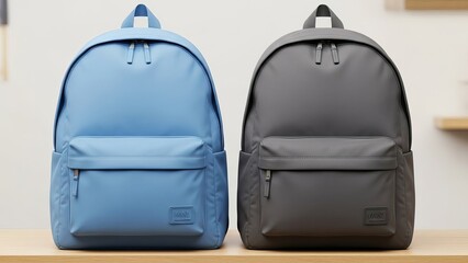Fototapeta premium Two minimalist backpacks in light blue and grey sitting side by side on a table