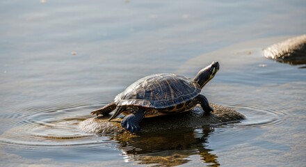 Obraz premium Red-Eared Slider Turtle Basking on a Rock in Calm Water