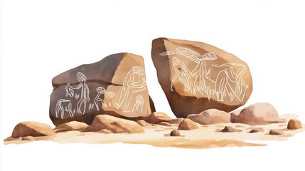 Sahara Rock Art. Sahara Rock Art hand drawn watercolor illustration on white background