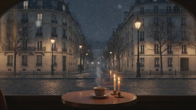 A cozy caf&eacute; table with a steaming cup and candlelight by a large window, overlooking a quiet snowy European street at night with warm, romantic ambiance.