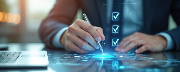 Man in suit checks list on futuristic screen with pen. Digital document verification, task completion, and modern work process. Goal achievement, audit, and decision making in corporate setting.