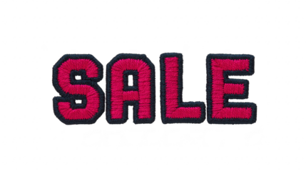 Red embroidered SALE patch with bold letters, outlined in black, isolated on transparent background, perfect for retail, fashion, or promotional use, conveying excitement and urgency