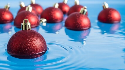 A collection of festive red christmas ornaments floating serenely on a calm blue liquid surface