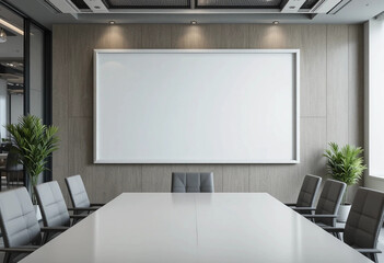 Meeting room with empty display white blank frame mockup. Modern business offices reception background as banner with copy space.