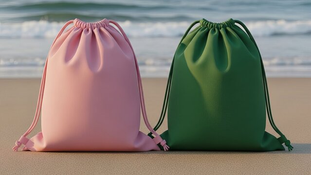 A pink and green drawstring bag sitting side by side on the sand at the beach