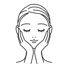 ハンドプレスをする目を閉じた女性　美容　スキンケア　線画イラスト