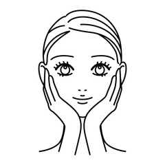 ハンドプレスをする女性　美容　スキンケア　線画イラスト