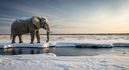 Obraz premium African elephant stands majestically on a snowy riverbank at sunset.