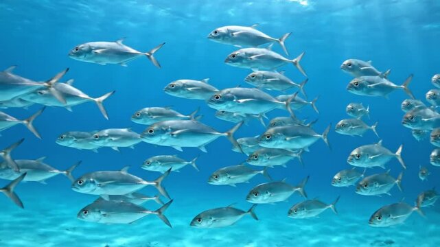School of Silver Jack Fish Swimming Underwater in Clear Blue Ocean
