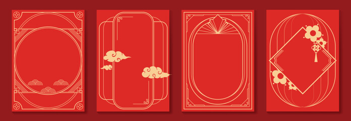 Chinese New Year 2026 vector decorative frame set with red and gold line art. Elegant oriental border design for greeting card poster invitation packaging and background. © TWINS DESIGN STUDIO