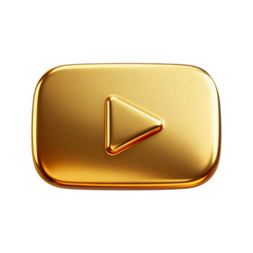 A realistic golden youtube play button icon with reflective surfaces on transparent background