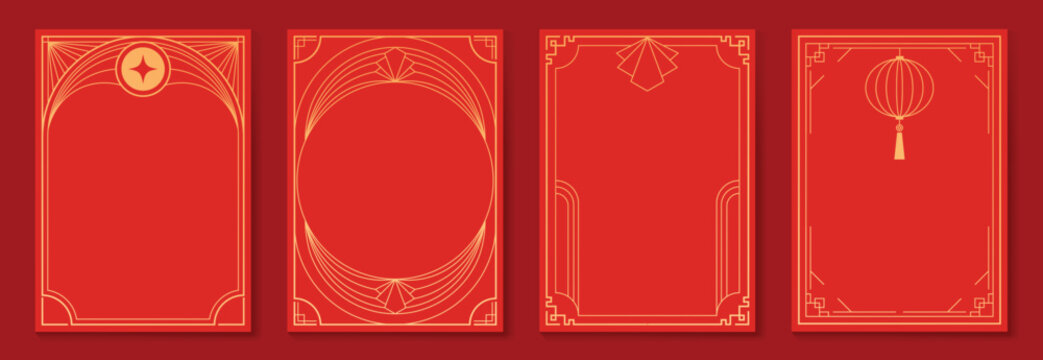 Chinese New Year 2026 vector decorative frame set with red and gold line art. Elegant oriental border design for greeting card poster invitation packaging and background.