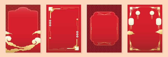 Chinese New Year 2026 vector decorative frame set with red and gold line art. Elegant oriental border design for greeting card poster invitation packaging and background.