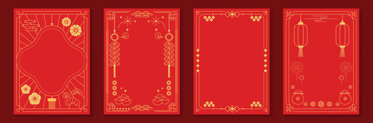Naklejka na ściany i meble Chinese New Year 2026 vector decorative frame set with red and gold line art. Elegant oriental border design for greeting card poster invitation packaging and background.