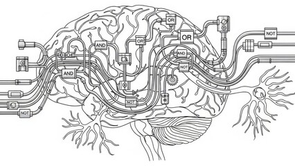 Intricate schematic of a human brain interconnected by logic gates and neuron pathways for