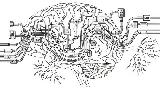 Intricate schematic of a human brain interconnected by logic gates and neuron pathways for