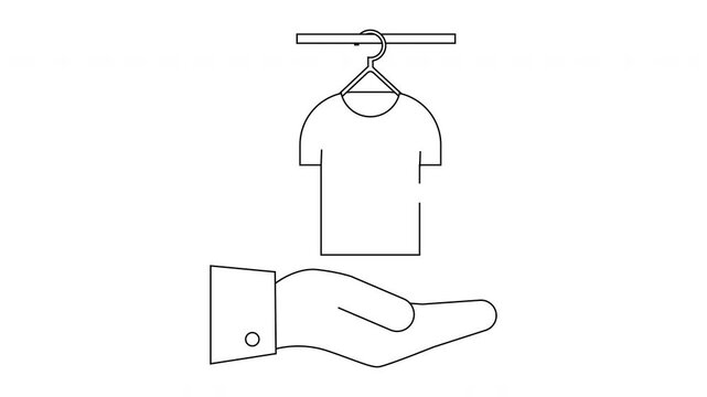 Tshirt on hanger held by hand Simple black lines on a white background