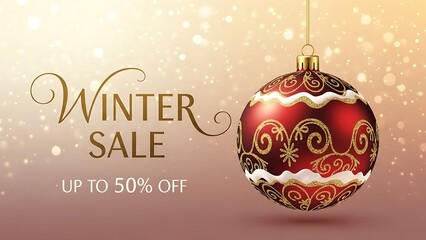 Winter sale promotion banner with a festive christmas bauble and sparkling background