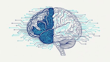 Schematic human brain with integrated circuit design illustrating computational neuroscience