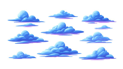 Blue cartoon cloud set, fluffy cumulus cloud illustration, isolated on transparent background, playful and whimsical, suitable for children design, digital art, or animation