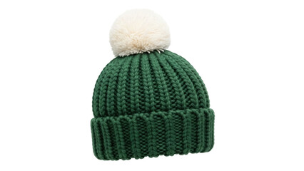 Isolated knitted green winter hat with white pom-pom, warm clothing, headwear accessory apparel